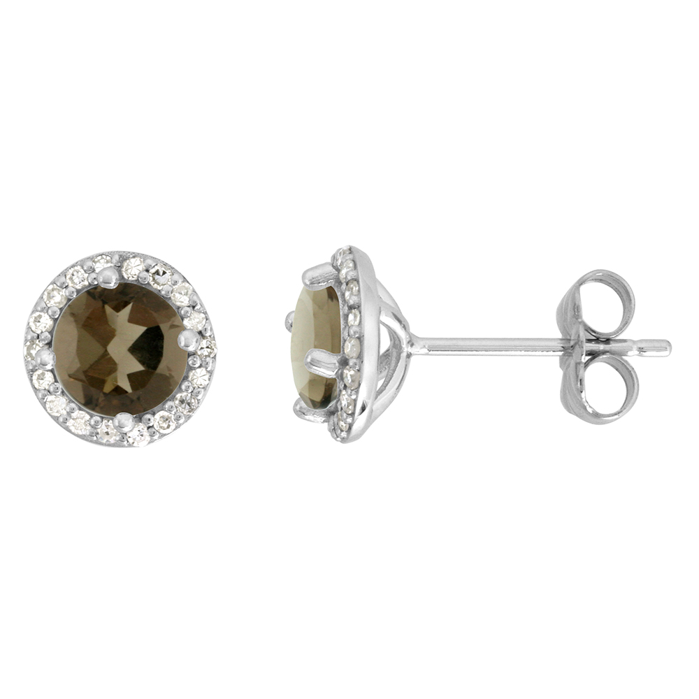 14k White Gold Diamond Halo Genuine Smoky Topaz Stud Earrings Round 6mm