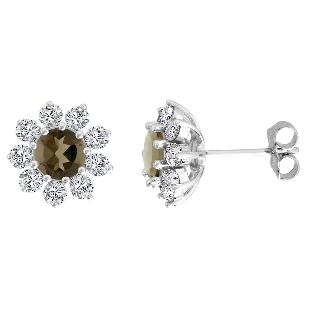 14K WHITE GOLD DIAMOND HALO GENUINE SMOKY TOPAZ HALO STUD EARRINGS ROUND 6MM 7/16 INCH WIDE