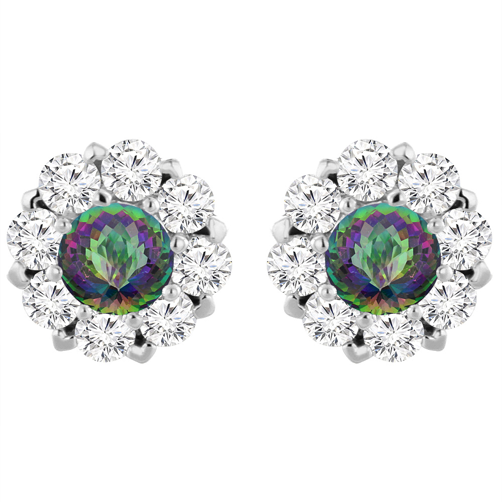 14K WHITE GOLD NATURAL MYSTIC TOPAZ EARRINGS WITH DIAMOND HALO ROUND 6 MM