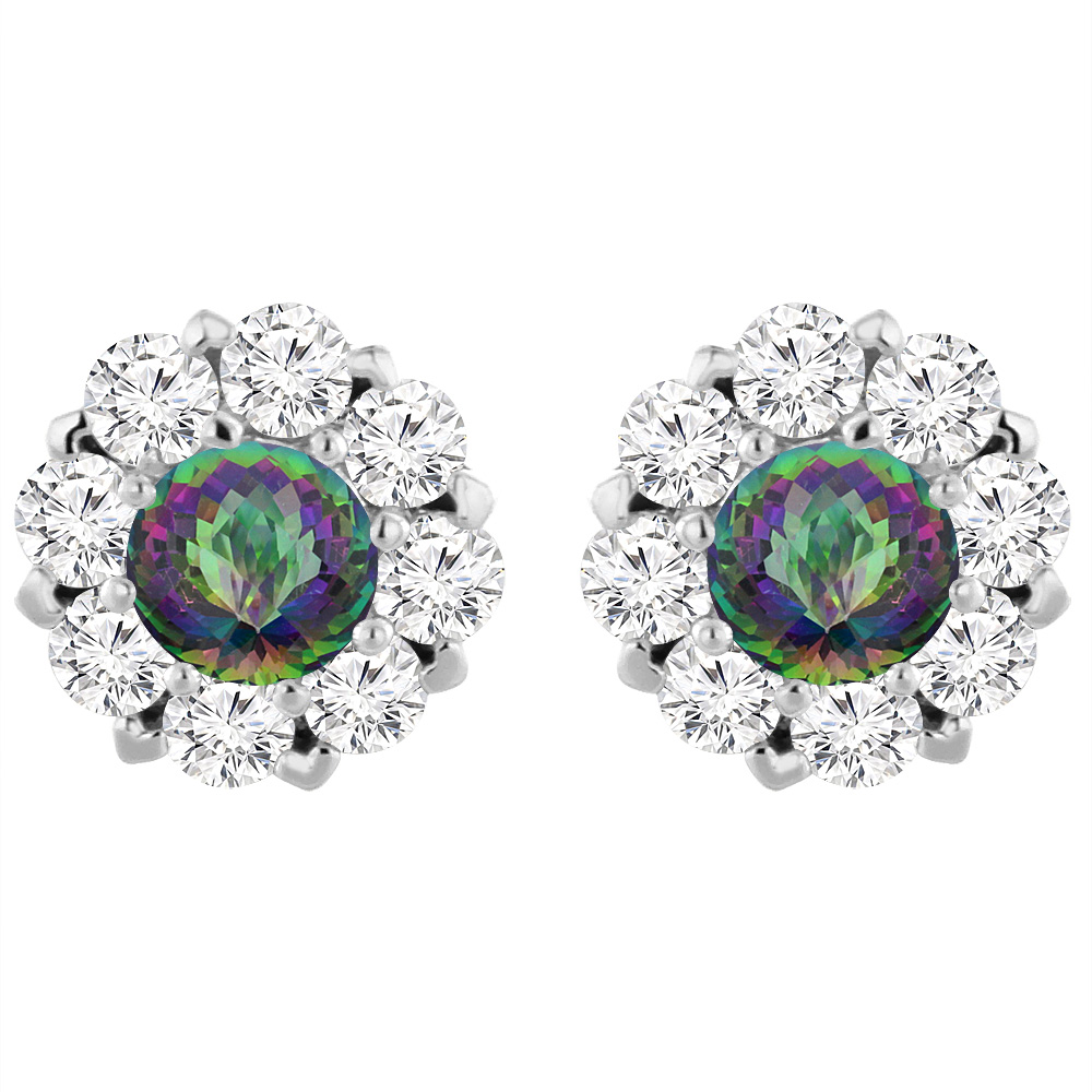 14K White Gold Natural Mystic Topaz Earrings with Diamond Halo Round 6 mm