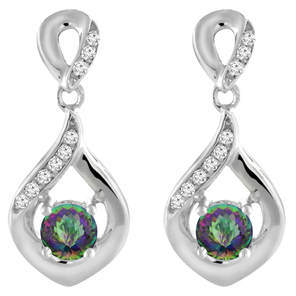 14K WHITE GOLD NATURAL MYSTIC TOPAZ EARRINGS WITH DIAMOND ACCENTS ROUND 4 MM