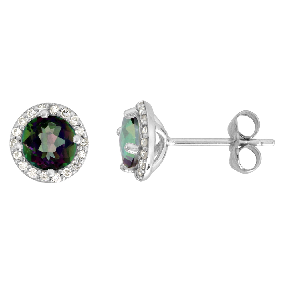 14K WHITE GOLD DIAMOND HALO GENUINE MYSTIC TOPAZ STUD EARRINGS ROUND 6MM