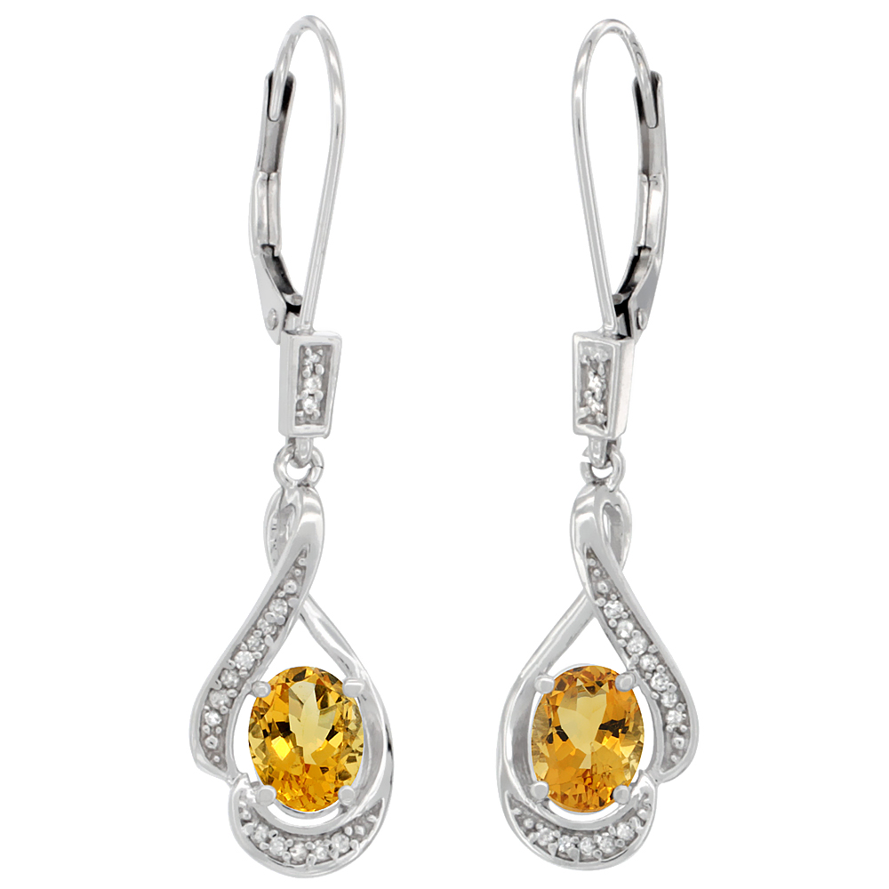 14K WHITE GOLD DIAMOND NATURAL CITRINE LEVERBACK EARRINGS OVAL 7X5 MM, 1 7/16 INCH LONG