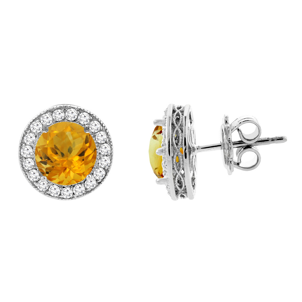 14K White Gold Natural Citrine Halo Earrings with Diamond Accent, 3/16 inch wide