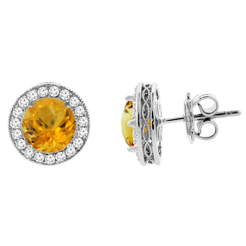 14K WHITE GOLD DIAMOND HALO GENUINE CITRINE EARRINGS 0.6 CTTW 6MM ROUND, 1/2 INCH