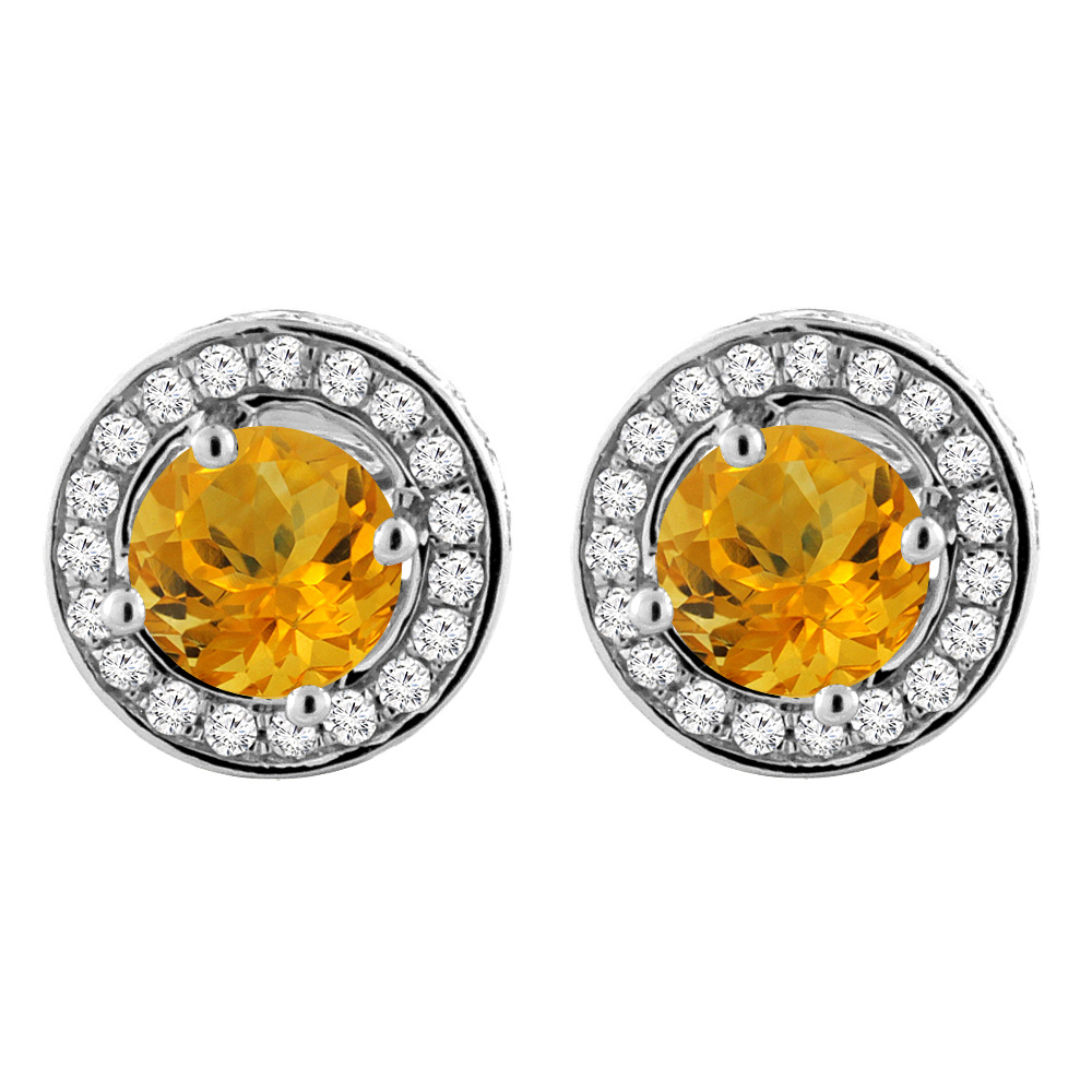 14K WHITE GOLD NATURAL CITRINE EARRINGS WITH DIAMOND HALO ROUND 5 MM