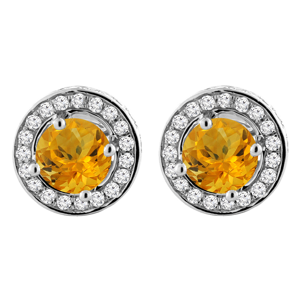 14K White Gold Natural Citrine Earrings with Diamond Halo Round 5 mm