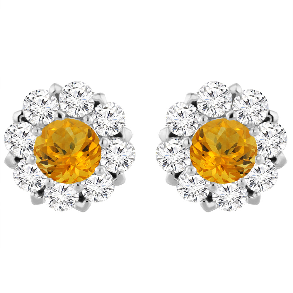 14K White Gold Natural Citrine Earrings with Diamond Halo Round 6 mm