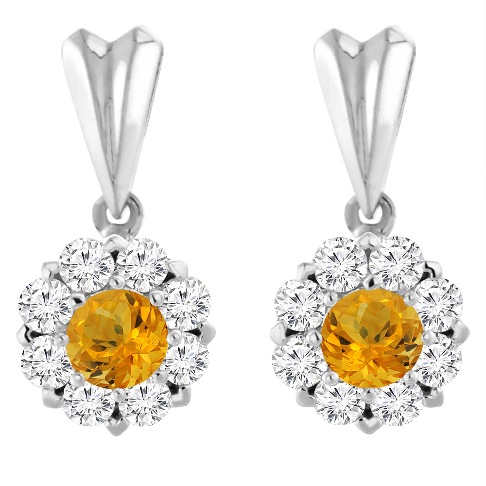 14K White Gold Natural Citrine Earrings with Diamond Halo Round 4 mm