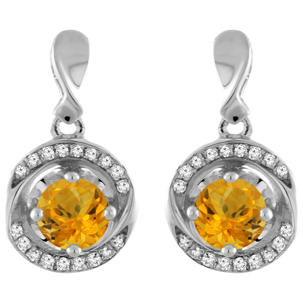 14K WHITE GOLD NATURAL CITRINE EARRINGS WITH DIAMOND ACCENTS ROUND 4 MM