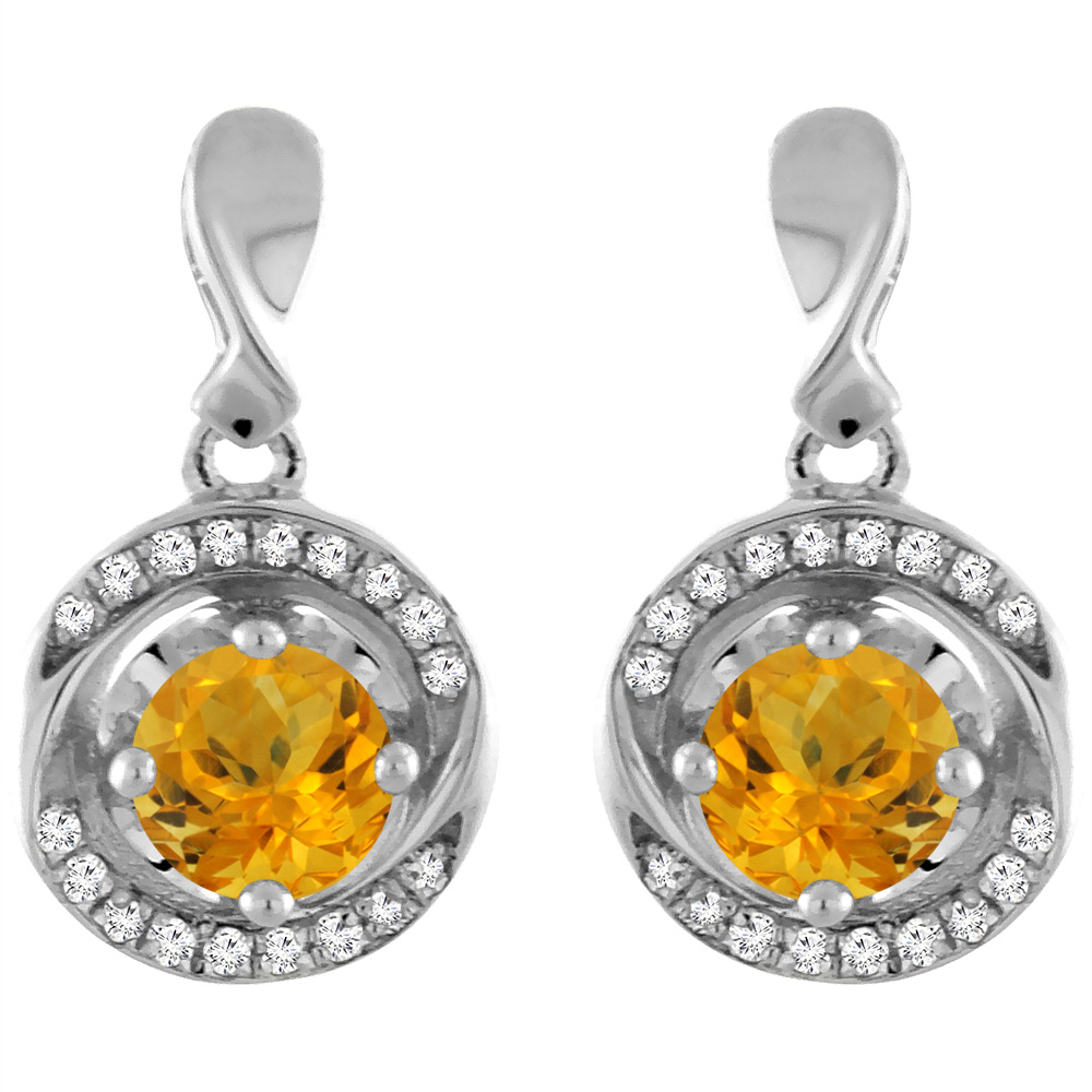 14K White Gold Natural Citrine Earrings with Diamond Accents Round 4 mm