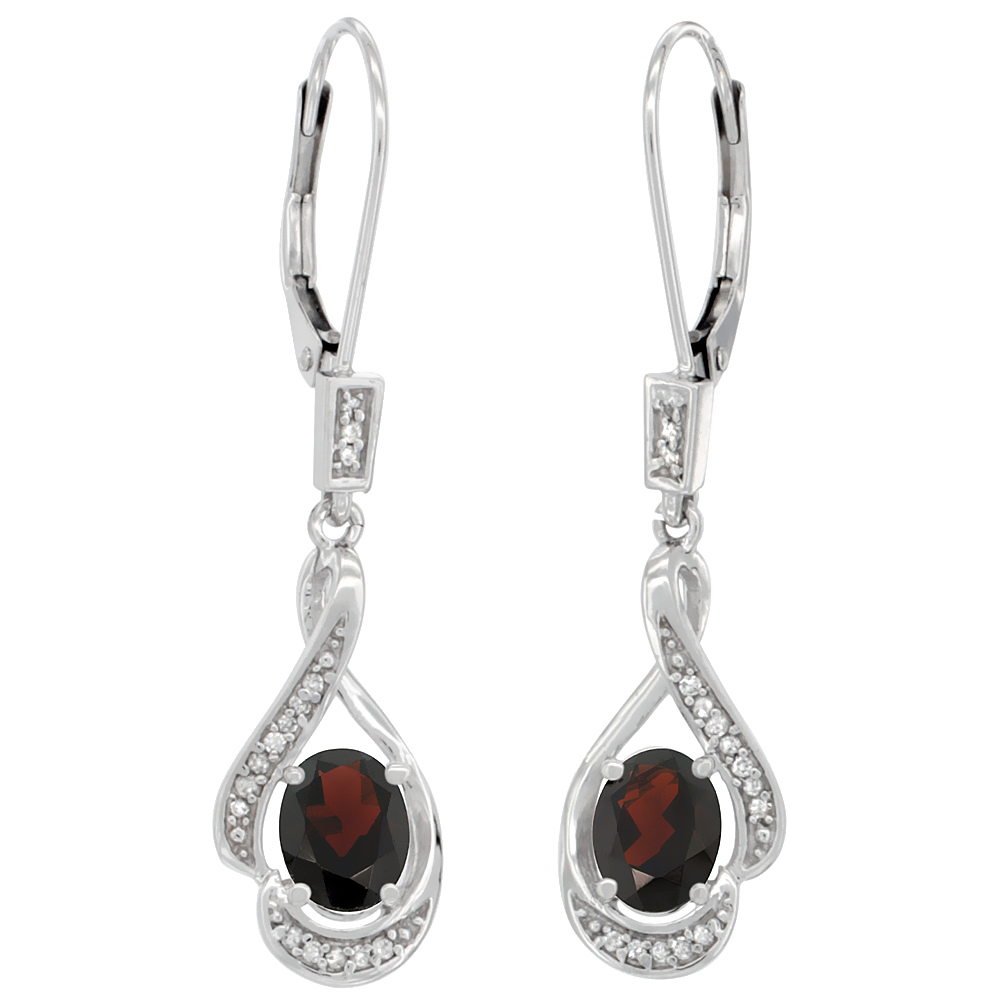 14K WHITE GOLD DIAMOND NATURAL GARNET LEVERBACK EARRINGS OVAL 7X5 MM, 1 7/16 INCH LONG