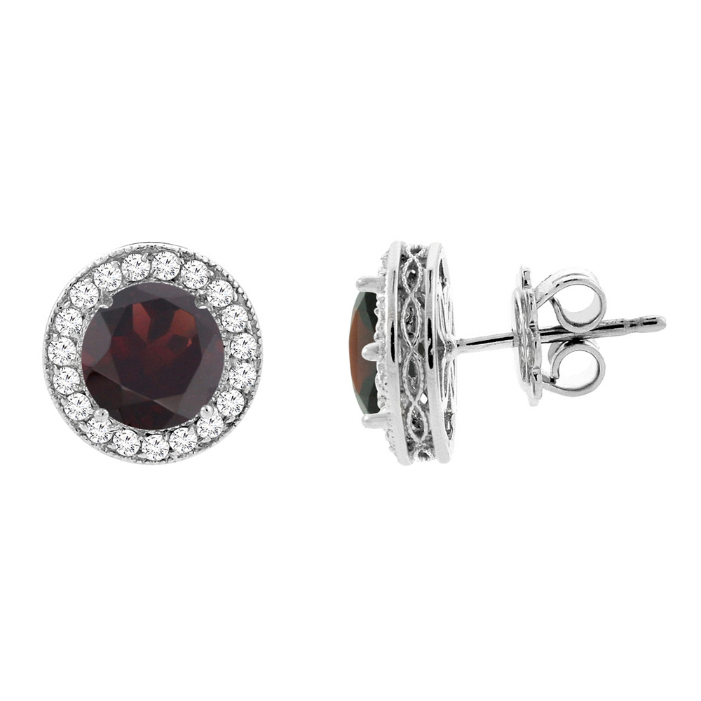 14K White Gold Natural Garnet Halo Earrings with Diamond Accent, 3/16 inch wide