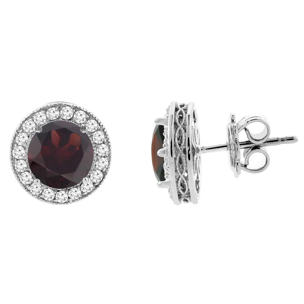 14K WHITE GOLD DIAMOND HALO GENUINE GARNET EARRINGS 0.6 CTTW 6MM ROUND, 1/2 INCH