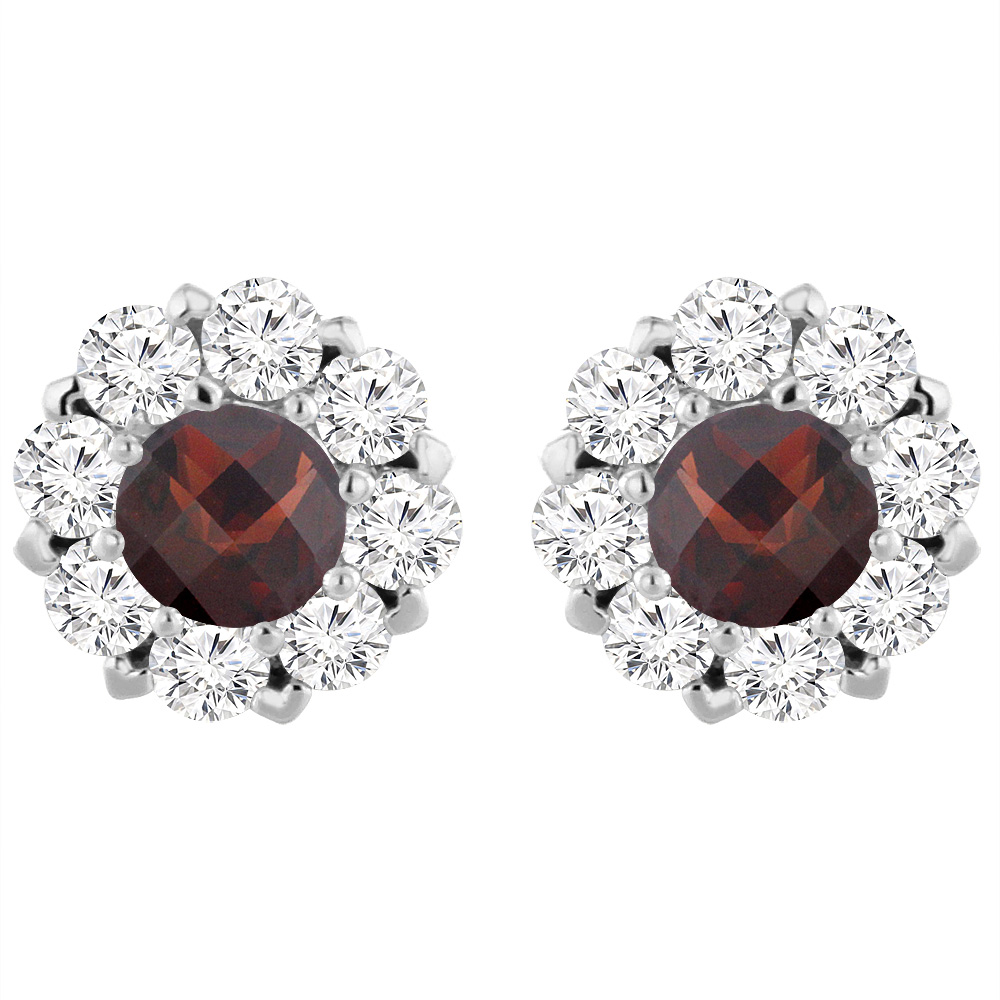 14K WHITE GOLD NATURAL GARNET EARRINGS WITH DIAMOND HALO ROUND 6 MM