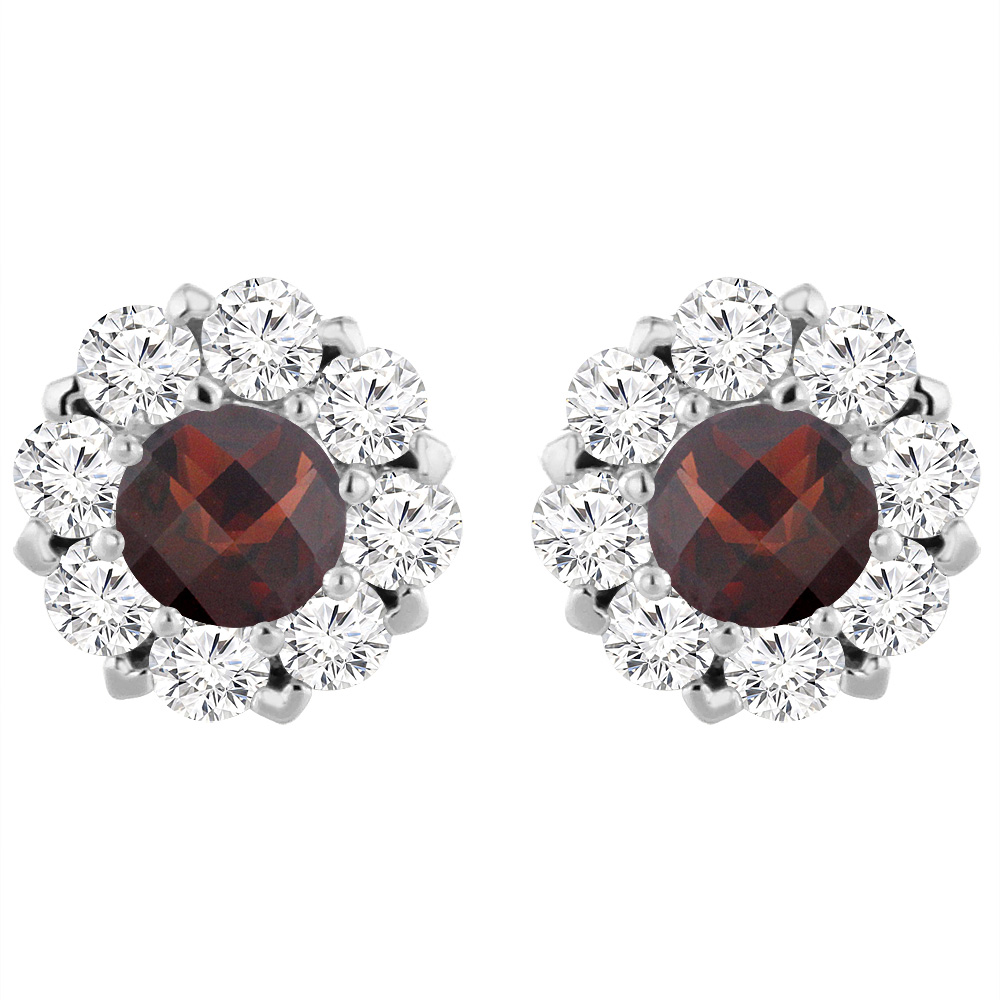 14K White Gold Natural Garnet Earrings with Diamond Halo Round 6 mm