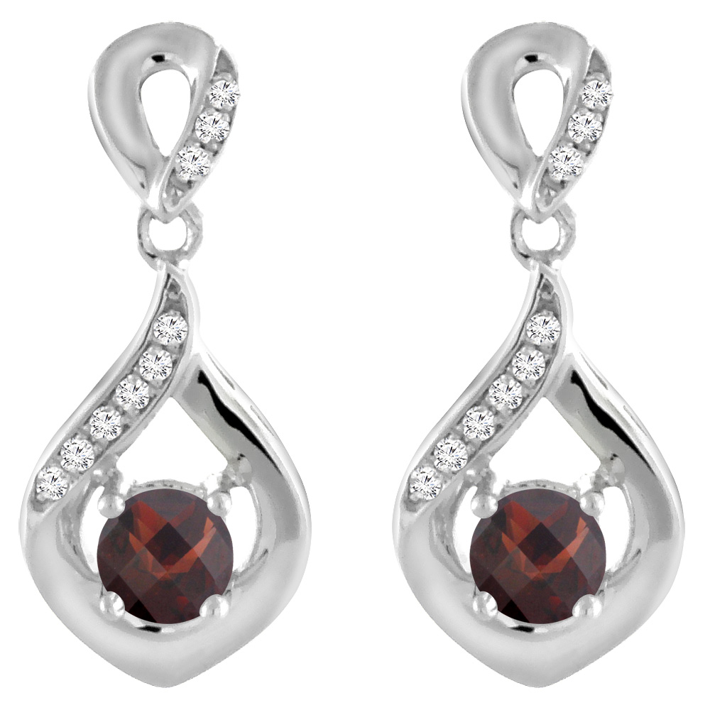 14K WHITE GOLD NATURAL GARNET EARRINGS WITH DIAMOND ACCENTS ROUND 4 MM