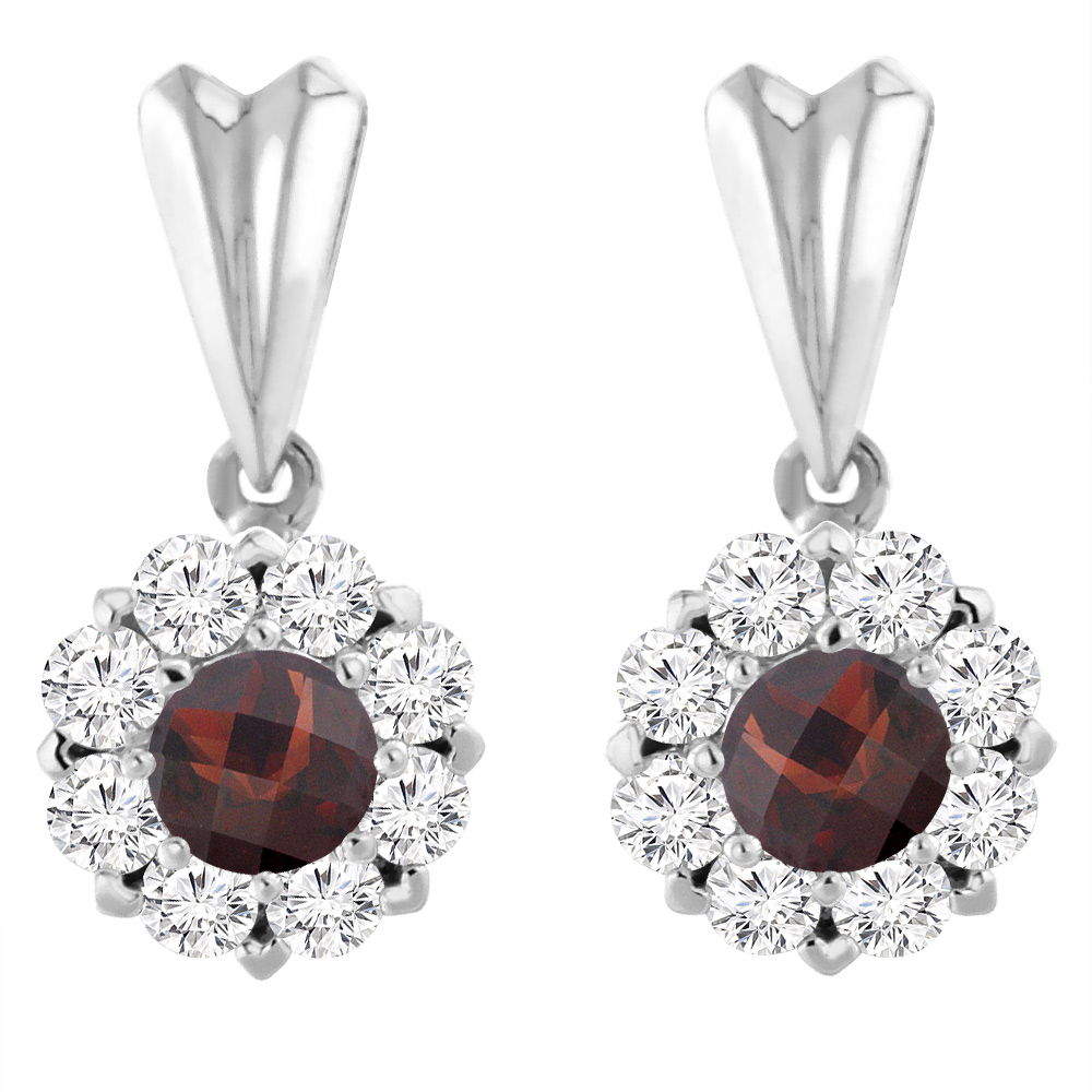 14K White Gold Natural Garnet Earrings with Diamond Halo Round 4 mm