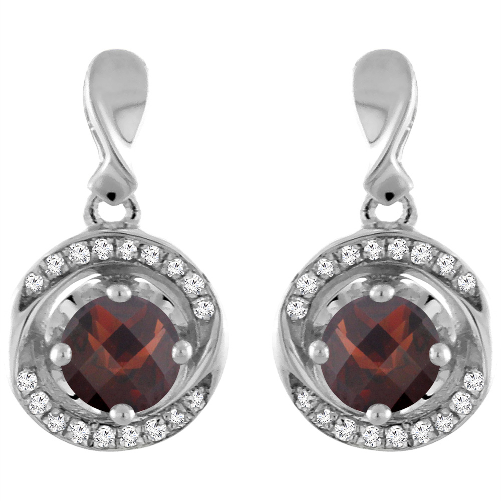 14K White Gold Natural Garnet Earrings with Diamond Accents Round 4 mm