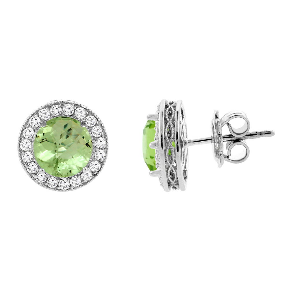 14K WHITE GOLD NATURAL PERIDOT HALO EARRINGS WITH DIAMOND ACCENT, 3/16 INCH WIDE