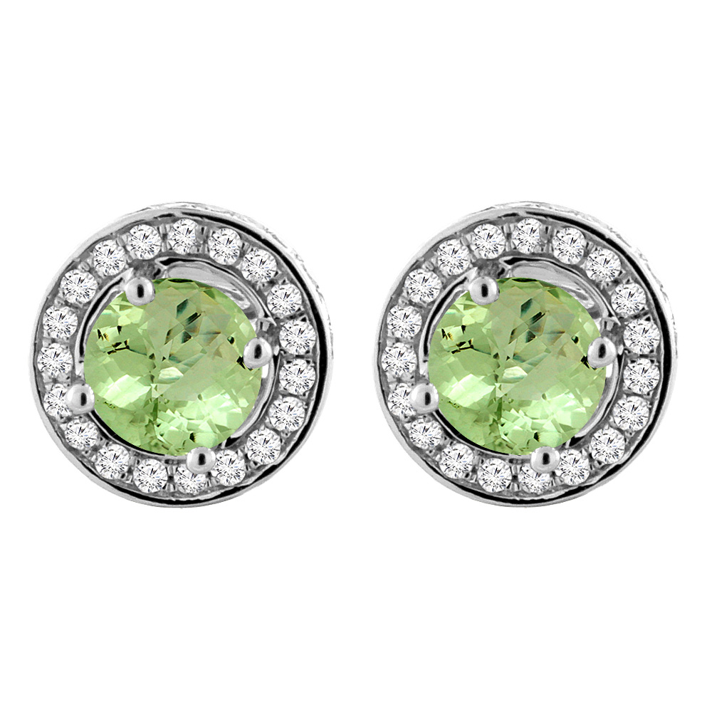 14K White Gold Natural Peridot Earrings with Diamond Halo Round 5 mm