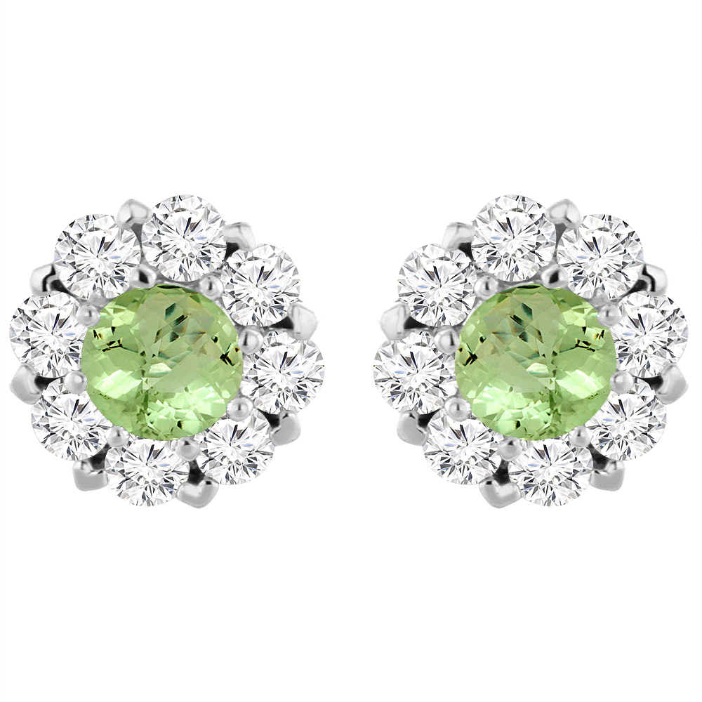 14K White Gold Natural Peridot Earrings with Diamond Halo Round 6 mm