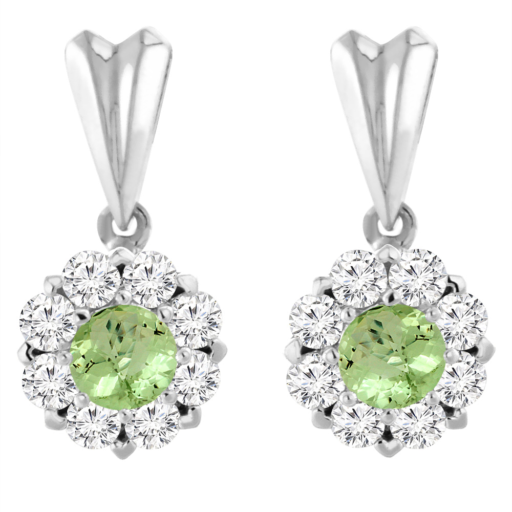 14K White Gold Natural Peridot Earrings with Diamond Halo Round 4 mm