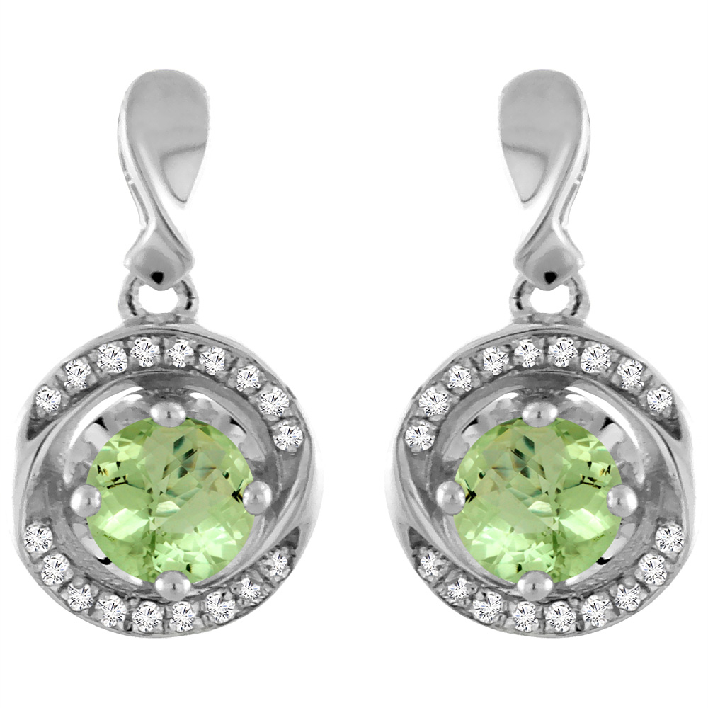 14K WHITE GOLD NATURAL PERIDOT EARRINGS WITH DIAMOND ACCENTS ROUND 4 MM
