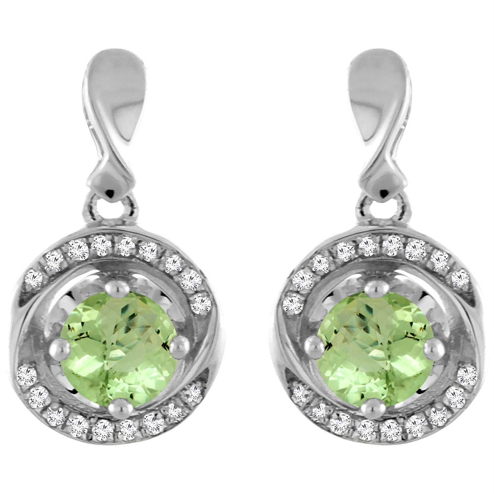 14K White Gold Natural Peridot Earrings with Diamond Accents Round 4 mm