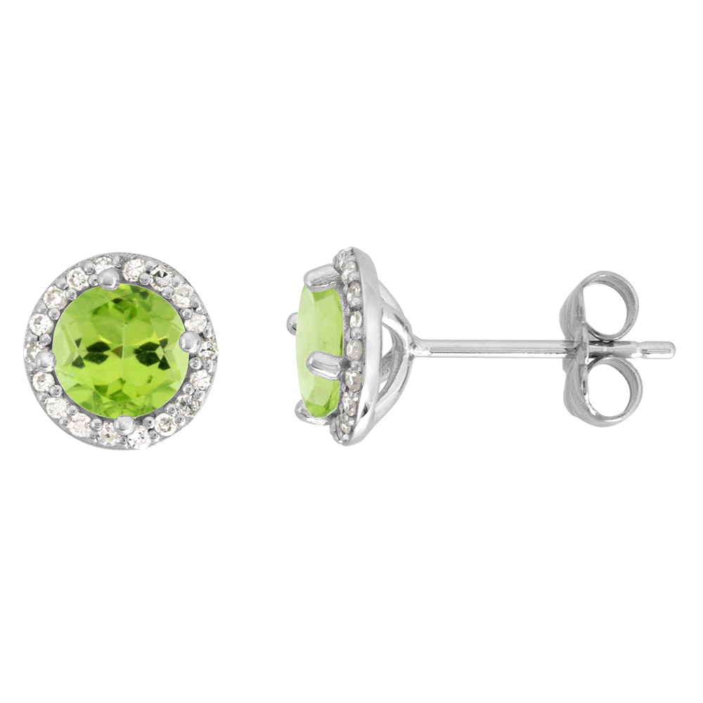 14K WHITE GOLD DIAMOND HALO GENUINE PERIDOT STUD EARRINGS ROUND 6MM