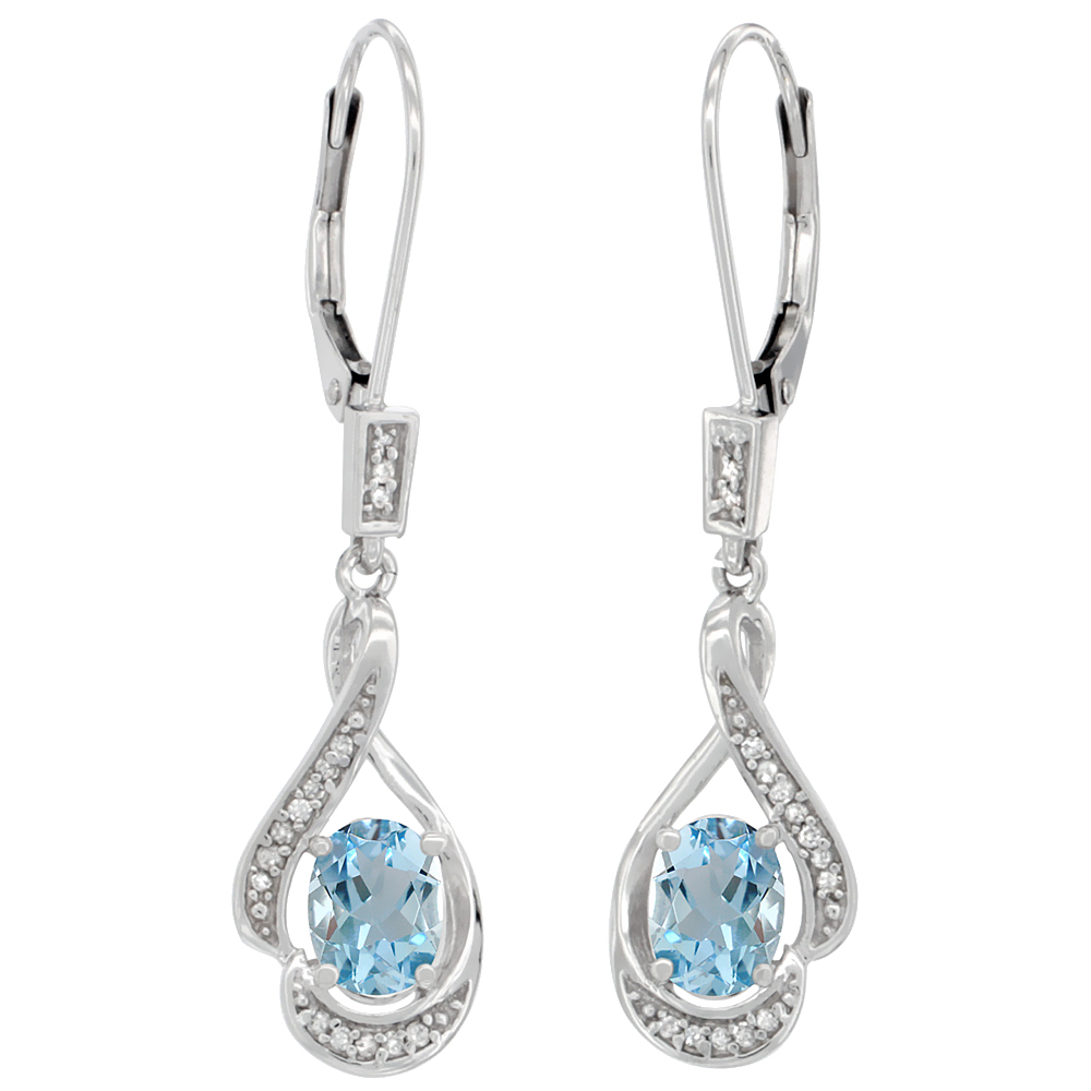 14K WHITE GOLD DIAMOND NATURAL AQUAMARINE LEVERBACK EARRINGS OVAL 7X5 MM, 1 7/16 INCH LONG