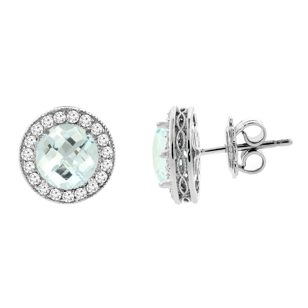 14K WHITE GOLD NATURAL AQUAMARINE HALO EARRINGS WITH DIAMOND ACCENT, 3/16 INCH WIDE