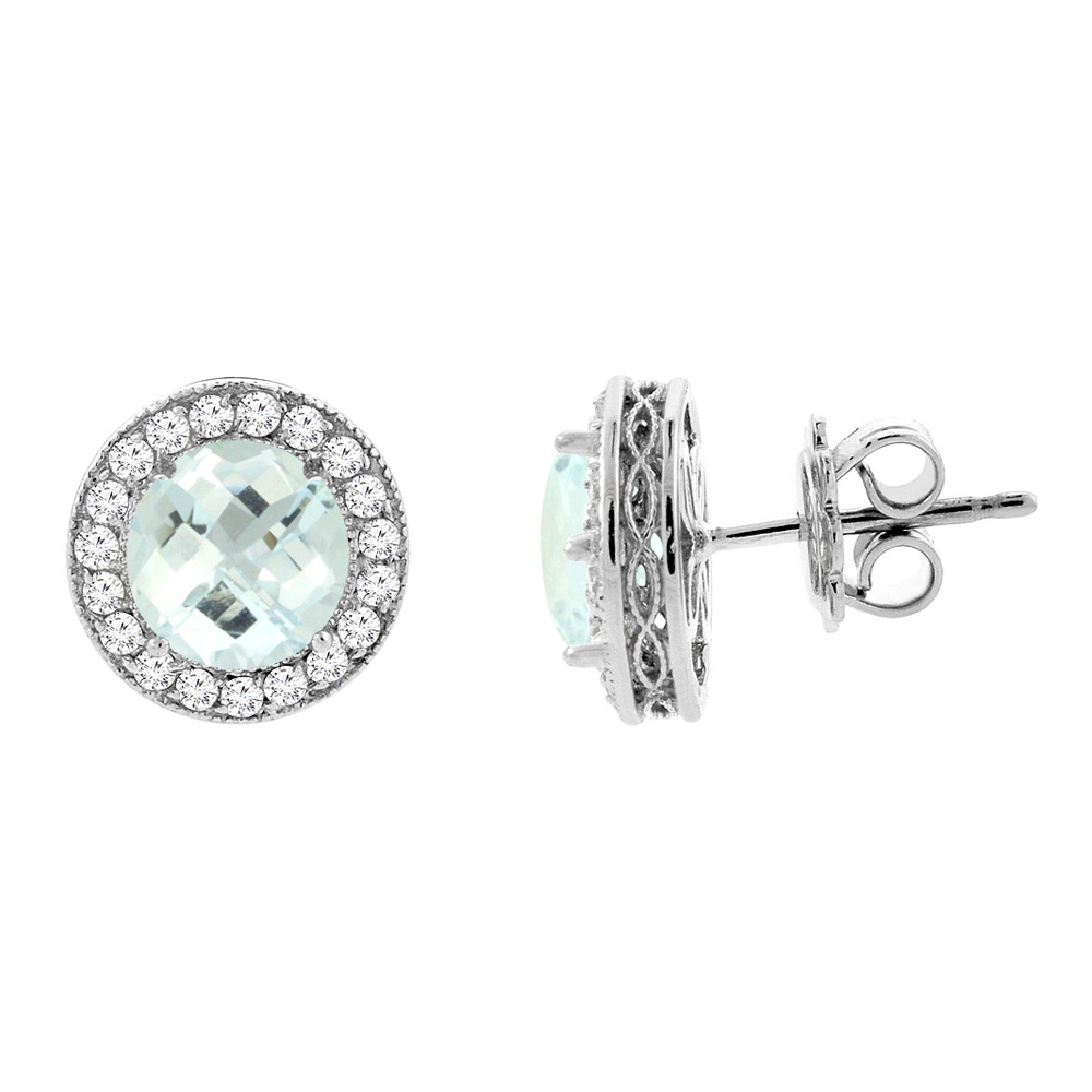 14K White Gold Natural Aquamarine Halo Earrings with Diamond Accent, 3/16 inch wide