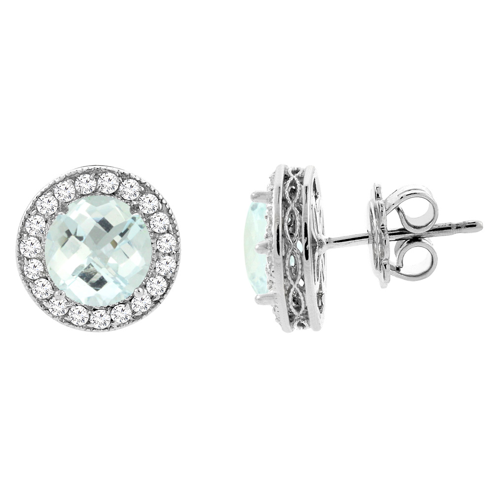 14K WHITE GOLD DIAMOND HALO GENUINE AQUAMARINE EARRINGS 0.6 CTTW 6MM ROUND, 1/2 INCH