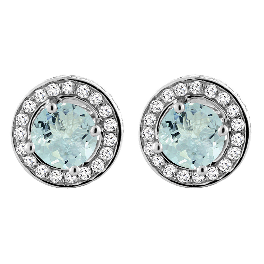 14K WHITE GOLD NATURAL AQUAMARINE EARRINGS WITH DIAMOND HALO ROUND 5 MM