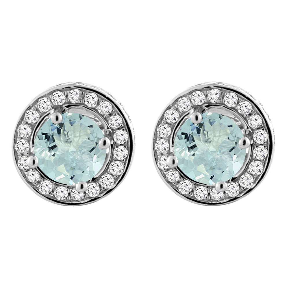 14K White Gold Natural Aquamarine Earrings with Diamond Halo Round 5 mm