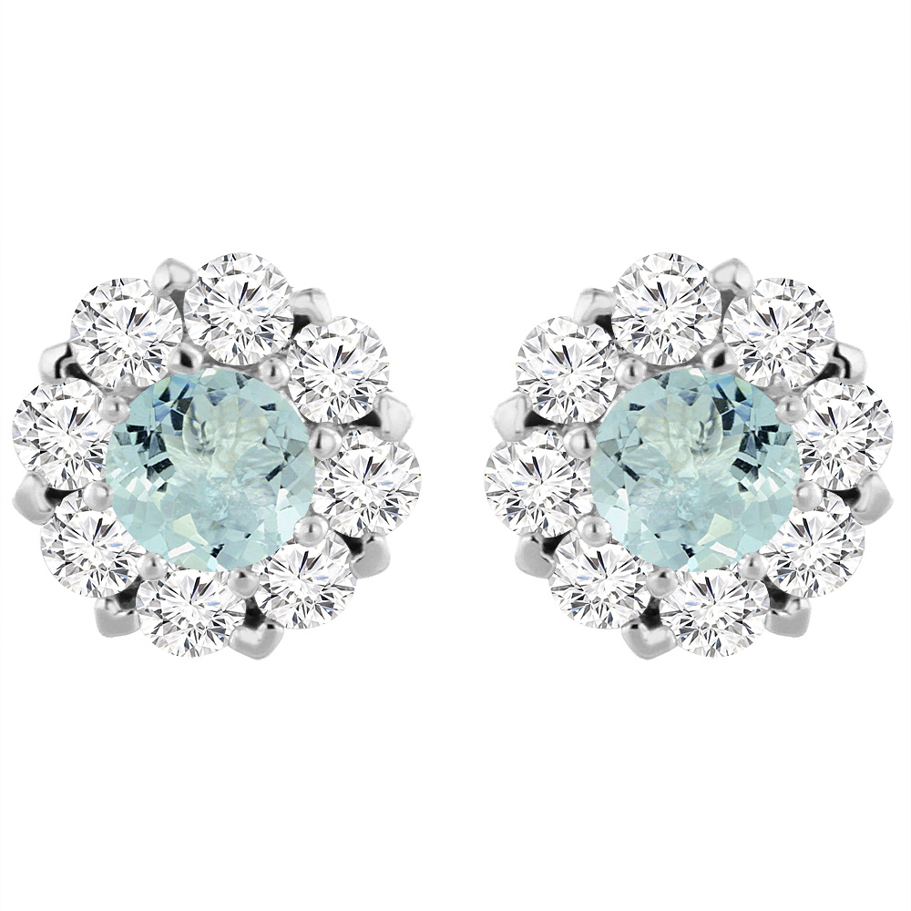 14K White Gold Natural Aquamarine Earrings with Diamond Halo Round 6 mm
