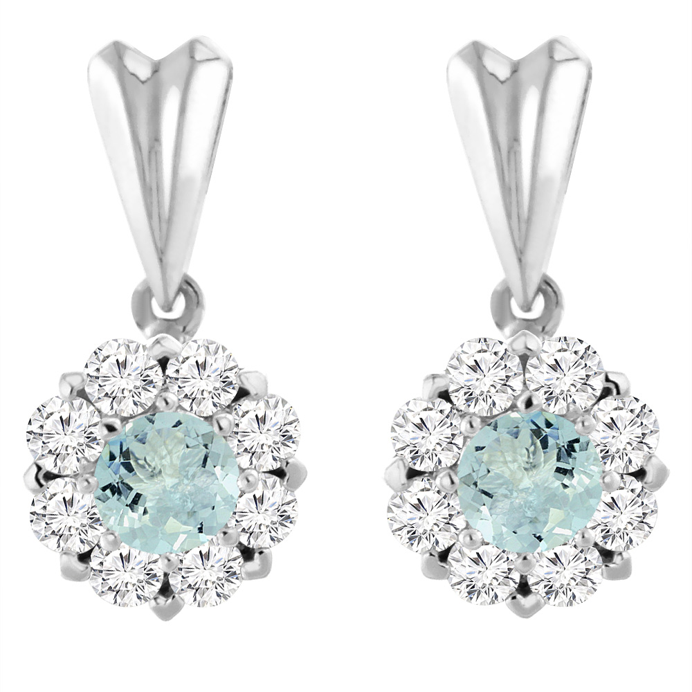 14K WHITE GOLD NATURAL AQUAMARINE EARRINGS WITH DIAMOND HALO ROUND 4 MM