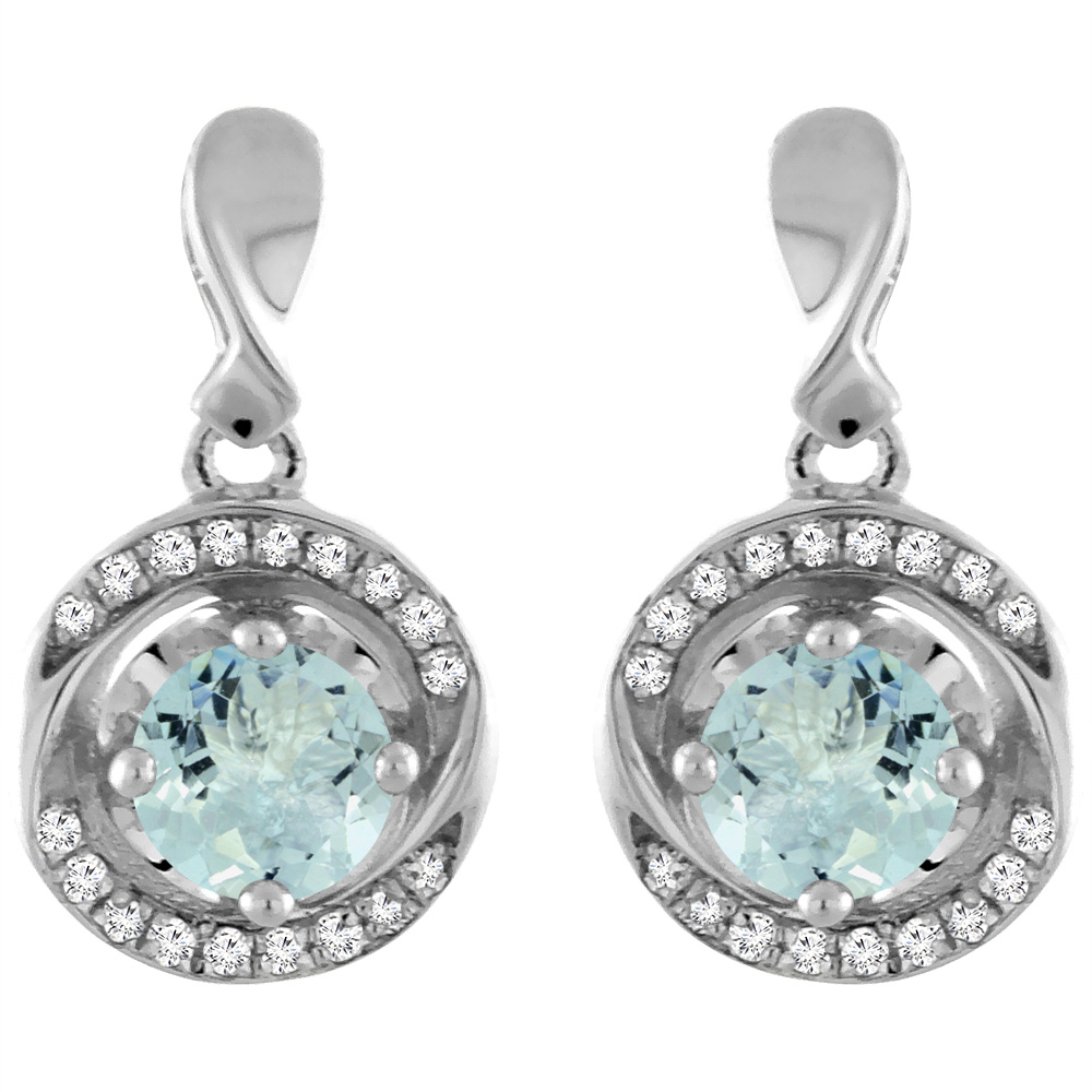 14K WHITE GOLD NATURAL AQUAMARINE EARRINGS WITH DIAMOND ACCENTS ROUND 4 MM