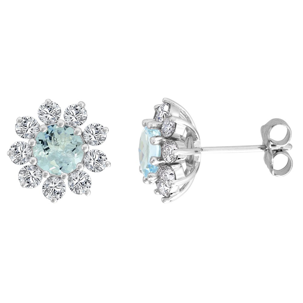 14K WHITE GOLD DIAMOND HALO GENUINE AQUAMARINE HALO STUD EARRINGS ROUND 6MM 7/16 INCH WIDE