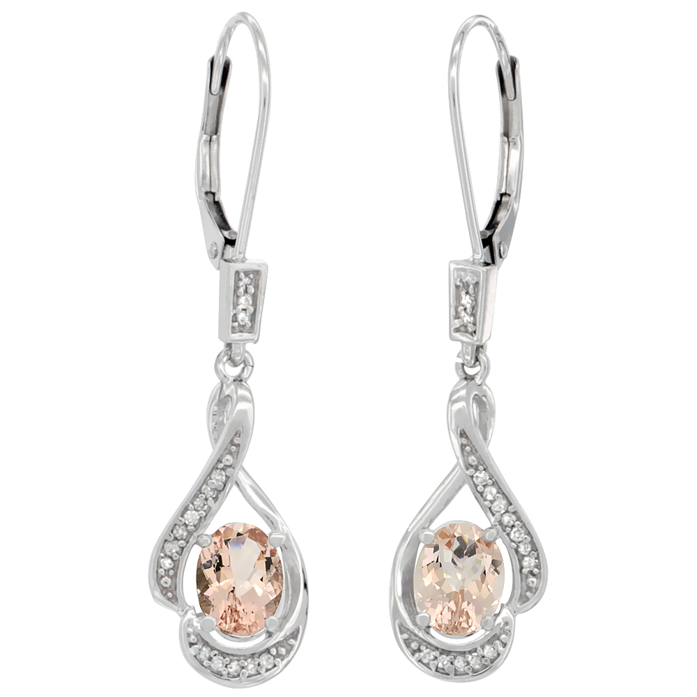 14K WHITE GOLD DIAMOND NATURAL MORGANITE LEVERBACK EARRINGS OVAL 7X5 MM, 1 7/16 INCH LONG