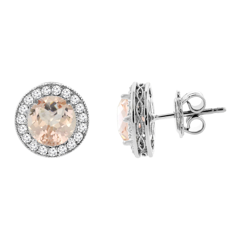 14K White Gold Natural Morganite Halo Earrings with Diamond Accent, 3/16 inch wide