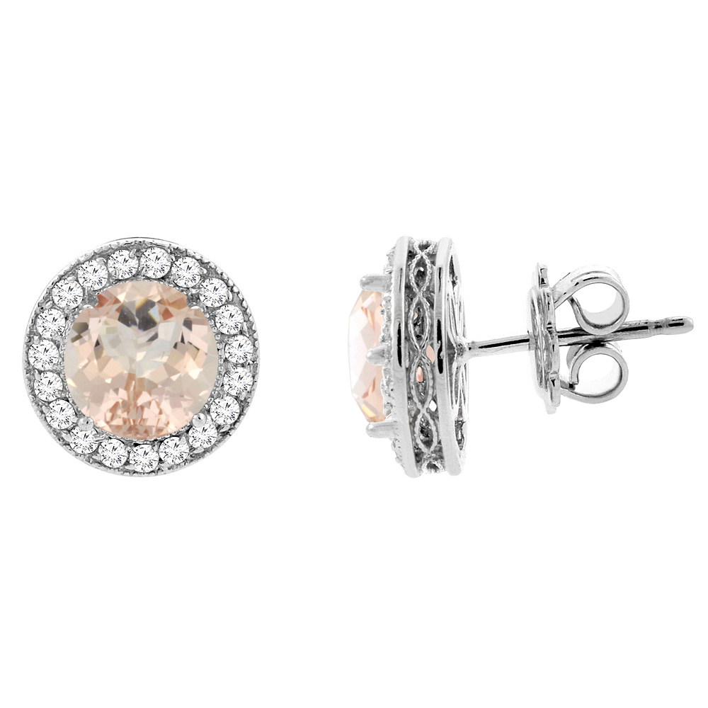 14K WHITE GOLD DIAMOND HALO GENUINE MORGANITE EARRINGS 0.6 CTTW 6MM ROUND, 1/2 INCH