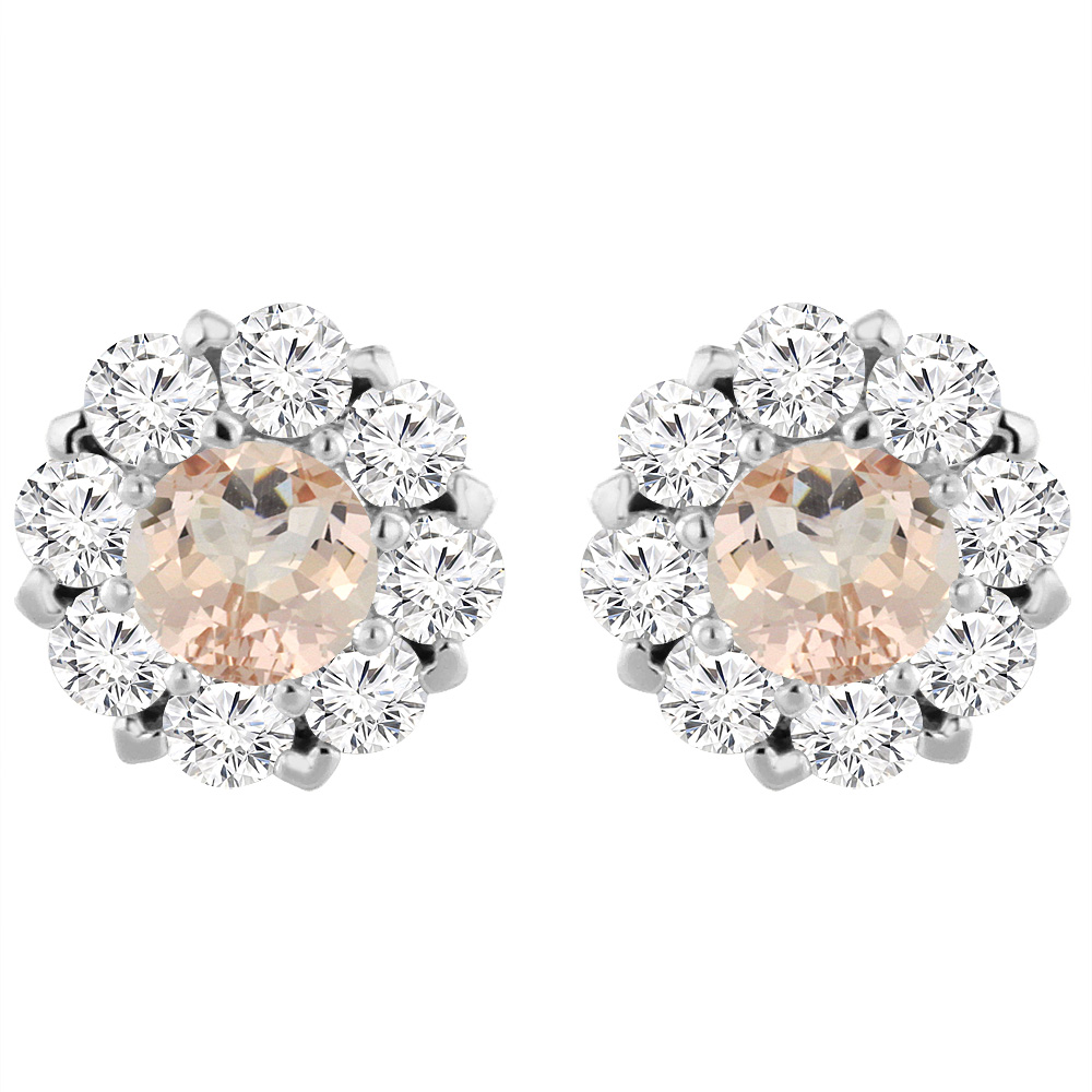 14K White Gold Natural Morganite Earrings with Diamond Halo Round 6 mm