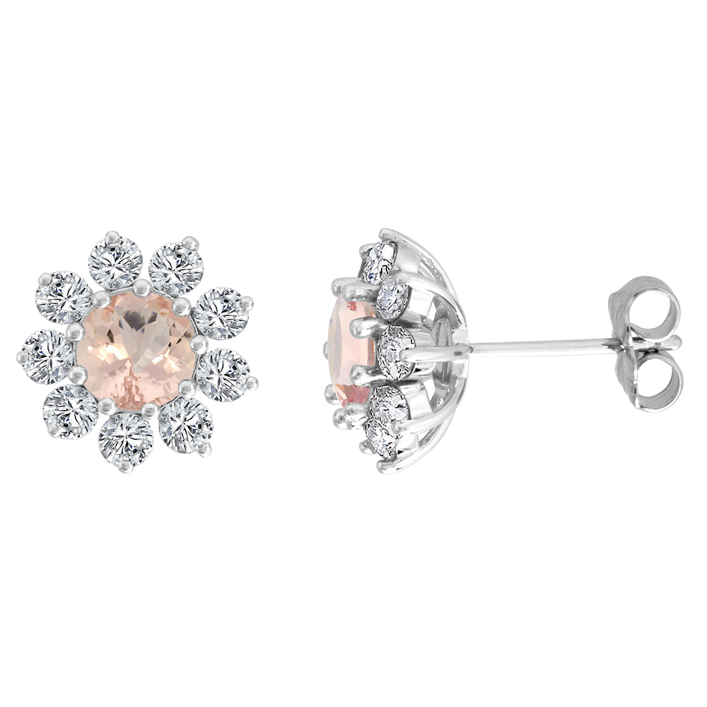 14K WHITE GOLD DIAMOND HALO GENUINE MORGANITE HALO STUD EARRINGS ROUND 6MM 7/16 INCH WIDE