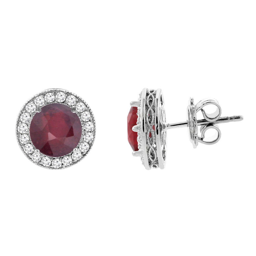 14K White Gold Enhanced Ruby Halo Earrings with Diamond Accent, 3/16 inch wide