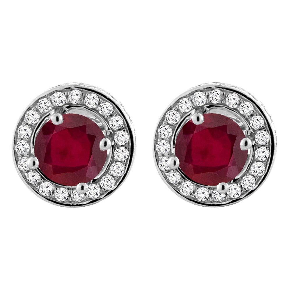 14K WHITE GOLD ENHANCED GENUINE RUBY EARRINGS WITH DIAMOND HALO ROUND 5 MM