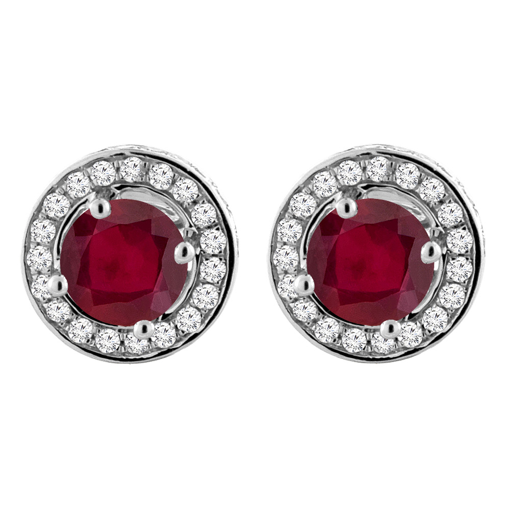 14K White Gold Enhanced Genuine Ruby Earrings with Diamond Halo Round 5 mm