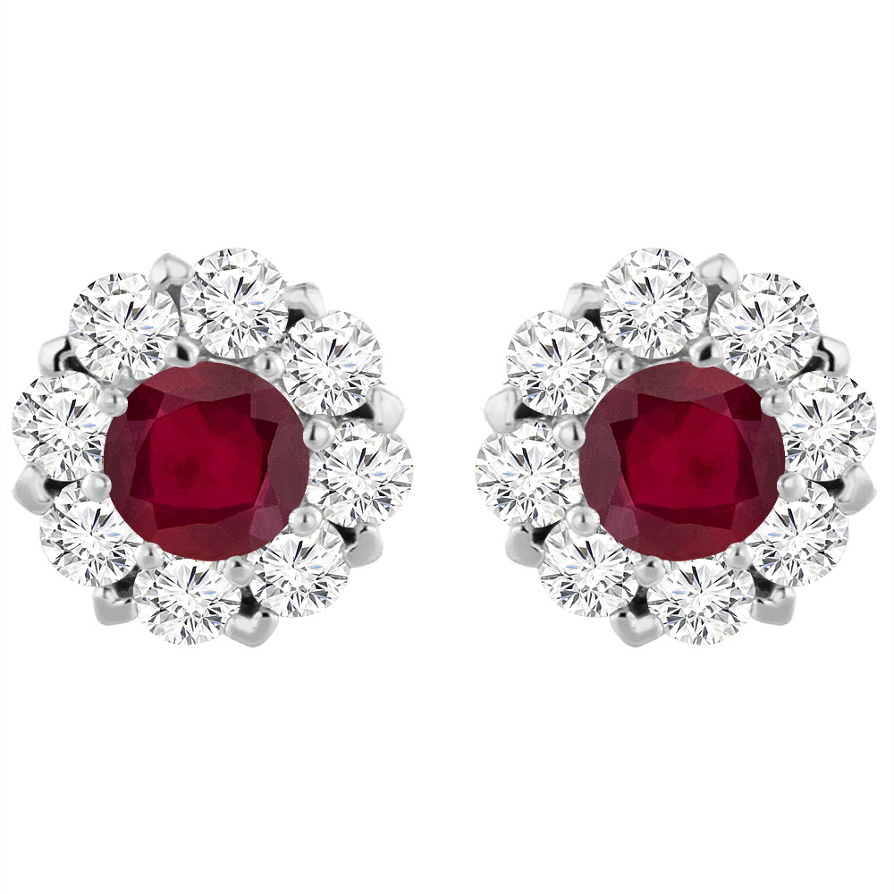 14K White Gold Enhanced Genuine Ruby Earrings with Diamond Halo Round 6 mm