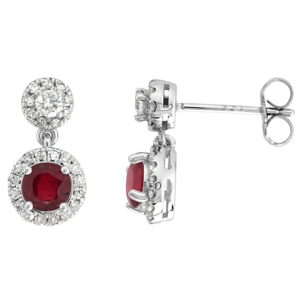 14K WHITE GOLD DIAMOND HALO ENHANCED GENUINE RUBY DROP EARRINGS ROUND BRILLIANT CUT 5MM 1/2 INCH LONG